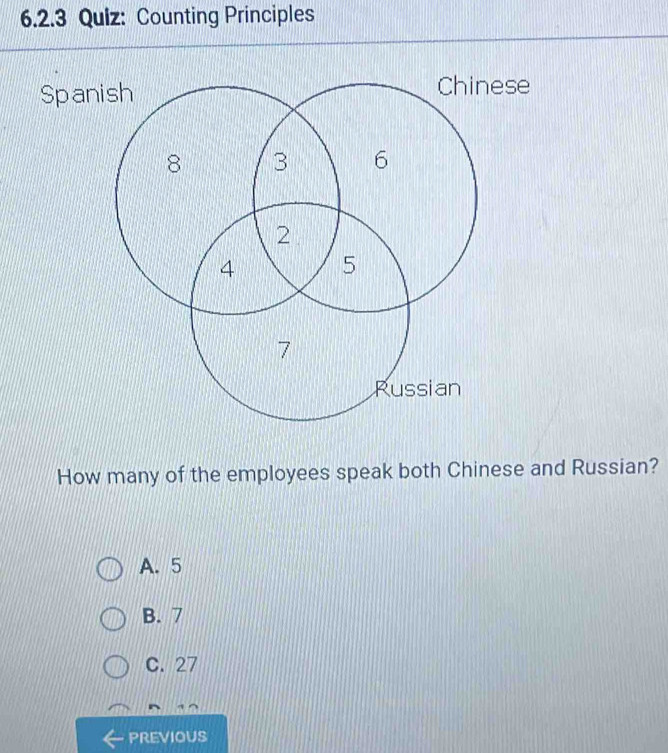 Counting Principles
Spa
How many of the employees speak both Chinese and Russian?
A. 5
B. 7
C. 27
PREVIOUS