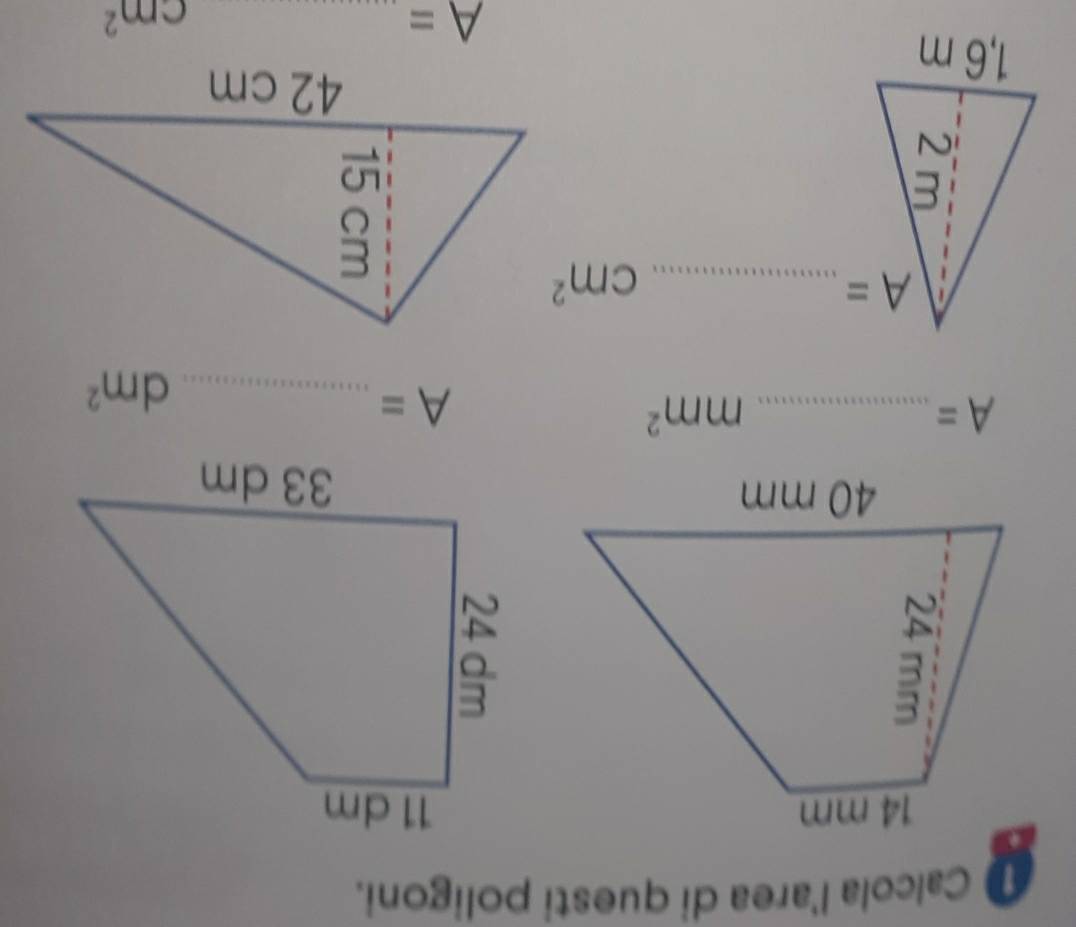 Calcola l'area di questi poligoni. 

_ A=
mm^2
_ A=
dm^2
_ A=
cm^2
_ A=
cm^2