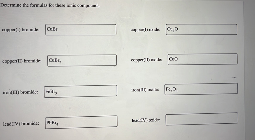 Determine the formulas for these ionic compounds.
copper(I) bromide: CuBr copper(I) oxide: Cu_2O
copper(II) bromide: CuBr_2 copper(II) oxide: CuO
iron(III) bromide: FeBr_3 iron(III) oxide: Fe_2O_3
lead(IV) bromide: PbBr_4 lead(IV) oxide: □