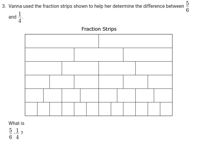 Vanna used the fraction strips shown to help her determine the difference between  5/6 
and  1/4 . 
What is
 5/6 - 1/4  ?