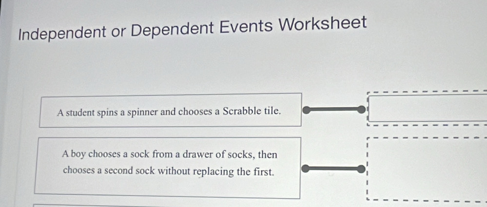 Independent or Dependent Events Worksheet 
A student spins a spinner and chooses a Scrabble tile. 
A boy chooses a sock from a drawer of socks, then 
chooses a second sock without replacing the first.