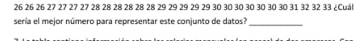 26 26 26 27 27 27 27 28 28 28 28 28 28 29 29 29 29 29 30 30 30 30 30 30 30 31 32 32 33 ¿Cuál 
sería el mejor número para representar este conjunto de datos?_