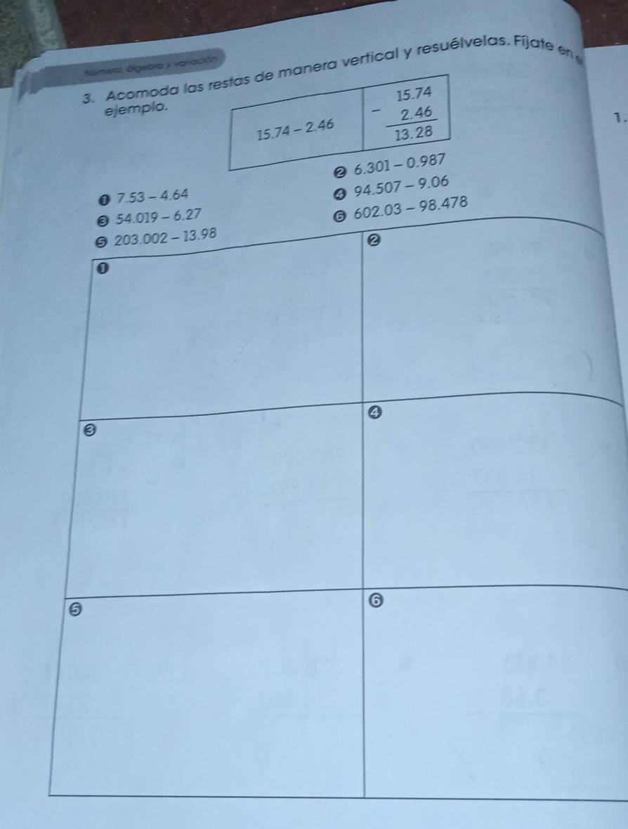 túmera, álgebra y variación
3._ Acomoda lasra vertical y resuélvelas. Fíjate e 
ejemplo.
1.
94.507-9.06