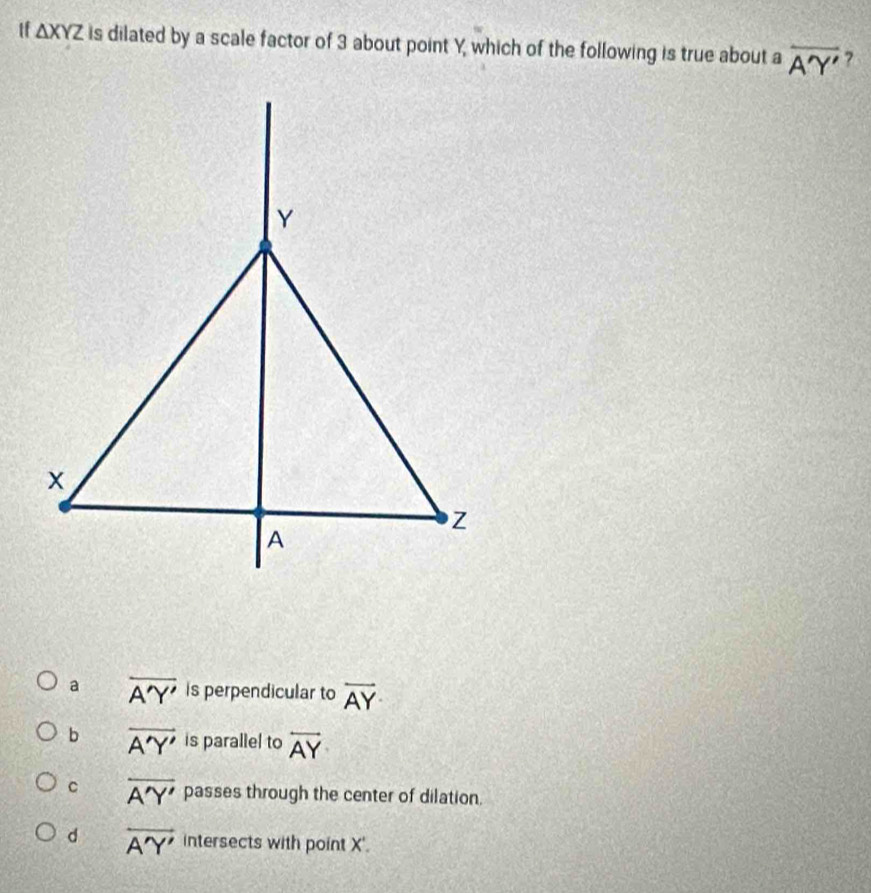 If △ XYZ is dilated by a scale factor of 3 about point Y, which of the following is true about a overline A'Y' ?
a overline A'Y' is perpendicular to overline AY·
b vector A'Y' is parallel to overleftrightarrow AY
C overline A'Y' passes through the center of dilation.
d overleftrightarrow A'Y' intersects with point X '.