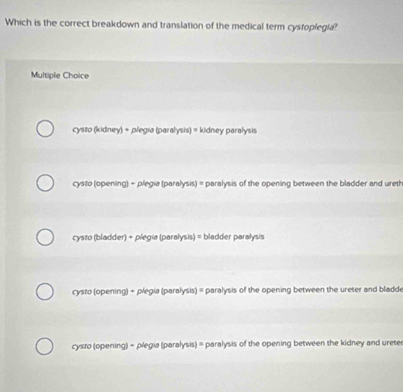 Which is the correct breakdown and translation of the medical term cystoplegia?
Multiple Choice
cysto (kidney) + plegia (paralysis) = kidney paralysis
cysto (opening) + plegia (paralysis) = paralysis of the opening between the bladder and ureth
cysto (bladder) + plegia (paralysis) = bladder paralysis
cysto (opening) + plegia (paralysis) = paralysis of the opening between the ureter and bladde
cysto (opening) + plegia (paralysis) = paralysis of the opening between the kidney and urete