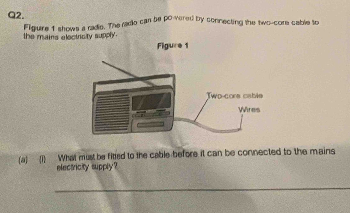 Figure 1 shows a radio. The radio can be povered by connecting the two-core cable to 
the mains electricity supply. 
Figure 1 
(a) (i) What must be fitted to the cable before it can be connected to the mains 
electricity supply? 
_