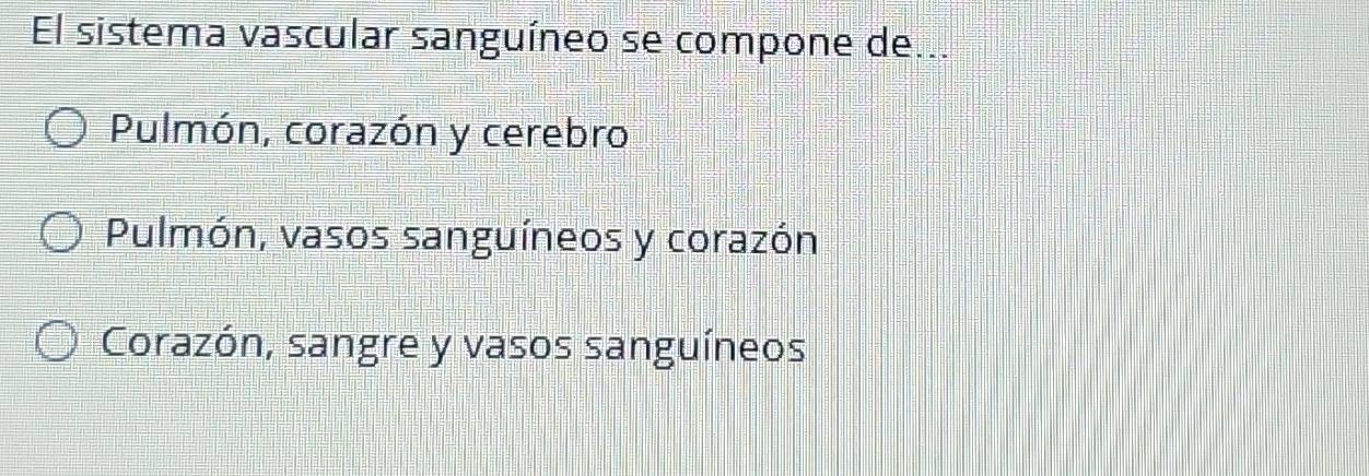 El sistema vascular sanguíneo se compone de...
Pulmón, corazón y cerebro
Pulmón, vasos sanguíneos y corazón
Corazón, sangre y vasos sanguíneos