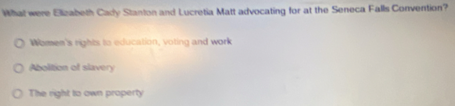 What were Elizabeth Cady Stanton and Lucretia Matt advocating for at the Seneca Falls Convention?
Women's rights to education, voting and work
Abolition of slavery
The right to own property