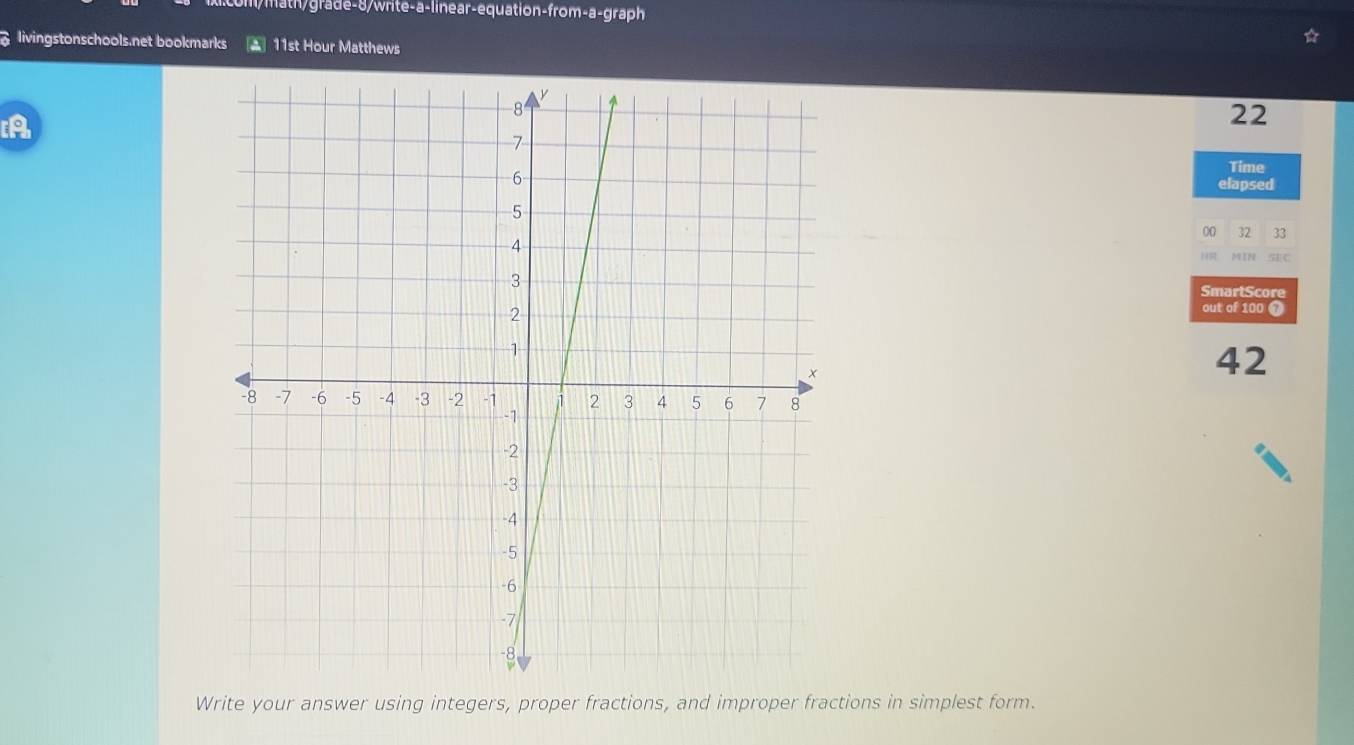 m/ m th/grade-8/write-a-linear-equation-from-a-graph 
livingstonschools.net bookmarks 11st Hour Matthews 
A 
22 
Time 
elapsed 
00 32 33 
MTpe qEC 
SmartScore 
out of 100 7 
42 
Write your answer using integers, proper fractions, and improper fractions in simplest form.