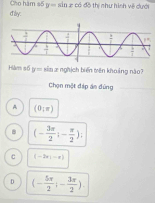 Cho hàm số y=sin x có đô thị như hình vẽ dưới
đây:
Hàm số y=sin x nghịch biến trên khoảng nào?
Chọn một đáp án đúng
A (0;π )
B (- 3π /2 ;- π /2 ) :
C (-2x|-π )
D (- 5π /2 ;- 3π /2 ).