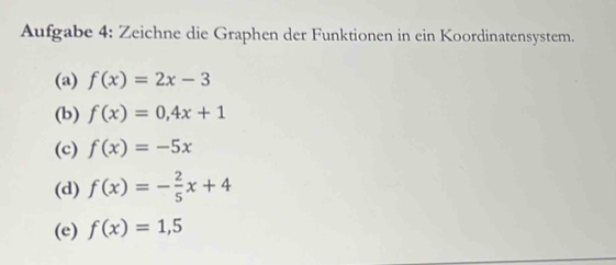 Aufgabe 4: Zeichne die Graphen der Funktionen in ein Koordinatensystem. 
(a) f(x)=2x-3
(b) f(x)=0,4x+1
(c) f(x)=-5x
(d) f(x)=- 2/5 x+4
(e) f(x)=1,5