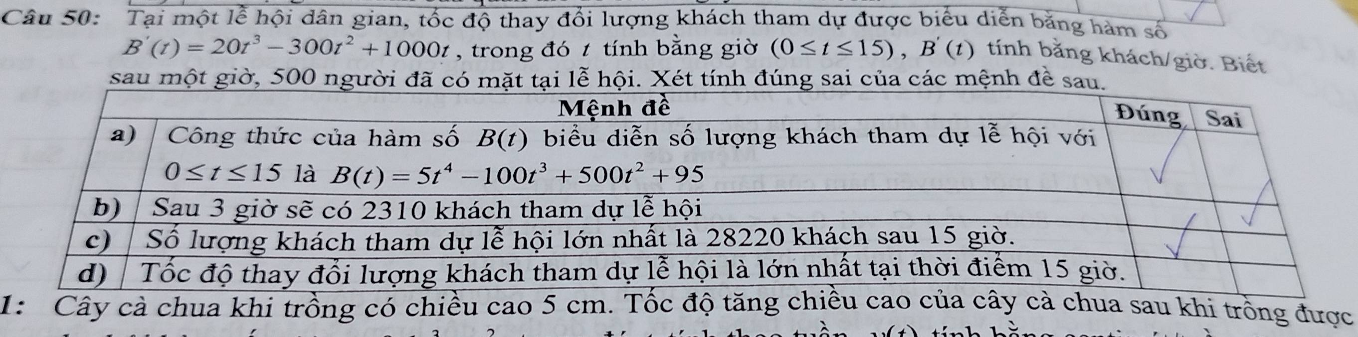 Tại một lễ hội dân gian, tốc độ thay đổi lượng khách tham dự được biểu diễn băng hàm số
B'(t)=20t^3-300t^2+1000t , trong đó t tính bằng giờ (0≤ t≤ 15),B'(t) tính bằng khách/giờ. Biết
sau một giờ, 500 người đã có mặt tại lễ hội. Xét tính đúng sai của các mệnh đề sa
1: Cây cà chua khi trồng có chiều cao 5 cm. Tốc độ tăng chiều caoa cây cà chua sau khi trồng được