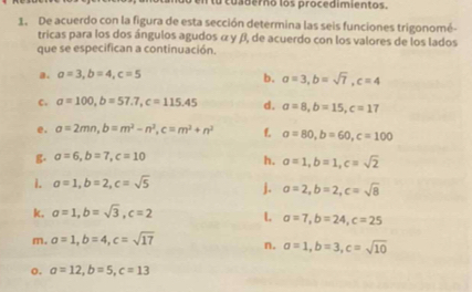 tu cusdero los procedimientos. 
1. De acuerdo con la figura de esta sección determina las seis funciones trigonomé- 
tricas para los dos ángulos agudos α y β, de acuerdo con los valores de los lados 
que se especifican a continuación 
a. a=3, b=4, c=5
b. a=3, b=sqrt(7), c=4
C. a=100, b=57.7, c=115.45 d. a=8, b=15, c=17
e. a=2mn, b=m^2-n^2, c=m^2+n^2 f a=80, b=60, c=100
g. a=6, b=7, c=10
h. a=1, b=1, c=sqrt(2)
1. a=1, b=2, c=sqrt(5) j. a=2, b=2, c=sqrt(8)
k. a=1, b=sqrt(3), c=2 L a=7, b=24, c=25
m. a=1, b=4, c=sqrt(17) n. a=1, b=3, c=sqrt(10)
o. a=12, b=5, c=13