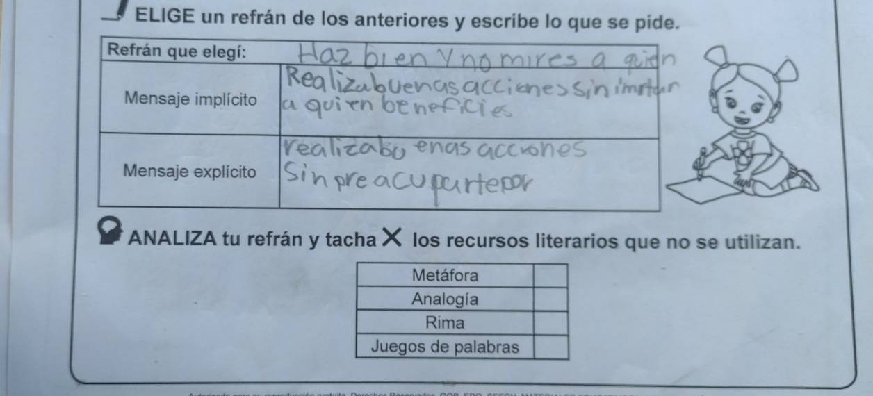 ELIGE un refrán de los anteriores y escribe lo que se pide. 
ANALIZA tu refrán y tacha los recursos literarios que no se utilizan.