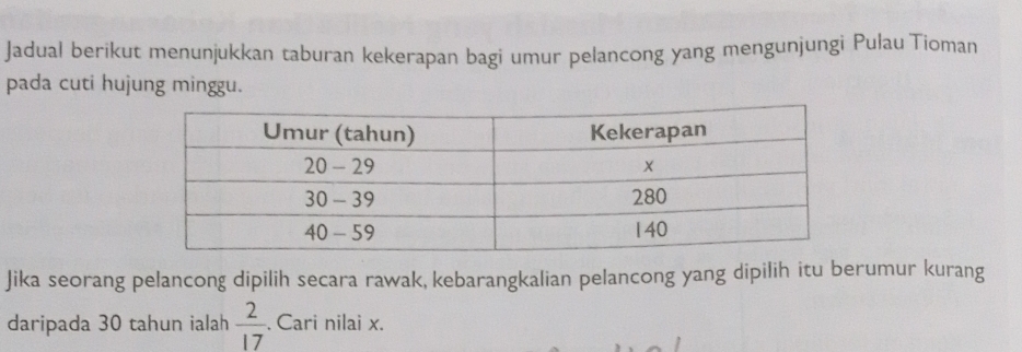 Jadual berikut menunjukkan taburan kekerapan bagi umur pelancong yang mengunjungi Pulau Tioman 
pada cuti hujung minggu. 
Jika seorang pelancong dipilih secara rawak, kebarangkalian pelancong yang dipilih itu berumur kurang 
daripada 30 tahun ialah  2/17 . Cari nilai x.