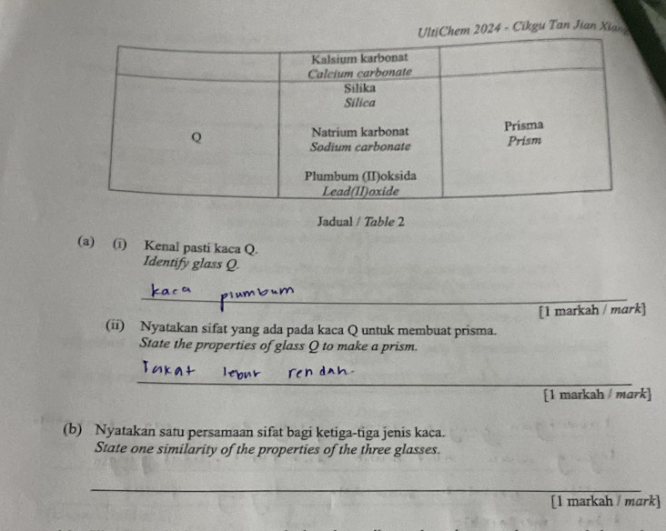 2024 - Cikgu Tan Jian Xian 
Jadual / Table 2 
(a) (i) Kenal pasti kaca Q. 
Identify glass Q. 
_ 
[1 markah / mark] 
(ii) Nyatakan sifat yang ada pada kaca Q untuk membuat prisma. 
State the properties of glass Q to make a prism. 
_ 
[1 markah / mark] 
(b) Nyatakan satu persamaan sifat bagi ketiga-tiga jenis kaca. 
State one similarity of the properties of the three glasses. 
_ 
[1 markah / mark]