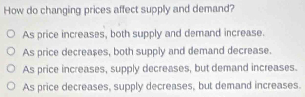 Solved: How do changing prices affect supply and demand? As price ...