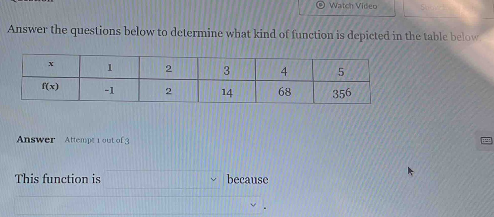 Watch Video
Answer the questions below to determine what kind of function is depicted in the table below
Answer Attempt 1 out of 3
This function is because