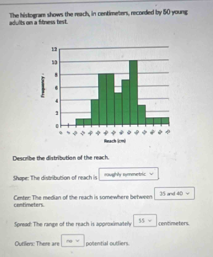 The histogram shows the reach, in centimeters, recorded by 50 young 
adults on a fitness test. 
Describe the distribution of the reach. 
Shape: The distribution of reach is roughly symmetric 
Center: The median of the reach is somewhere between 35 and 40
centimeters. 
Spreed: The range of the reach is approximately 55 centimeters. 
Outliers: There are no potential outliers.