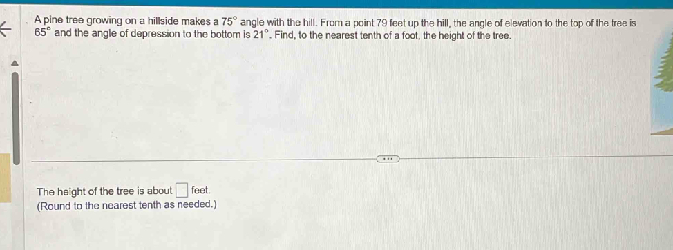 A pine tree growing on a hillside makes a 75° angle with the hill. From a point 79 feet up the hill, the angle of elevation to the top of the tree is
65° and the angle of depression to the bottom is 21°. Find, to the nearest tenth of a foot, the height of the tree. 
The height of the tree is about □ feet. 
(Round to the nearest tenth as needed.)