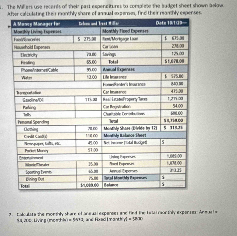 The Millers use records of their past expenditures to complete the budget sheet shown below. 
Ases, find their monthly expenses. 
2. Calculate the monthly share of annual expenses and find the total monthly expenses: Annual =
$4,200; Living (monthly) =$670; and Fixed (monthly) =$800