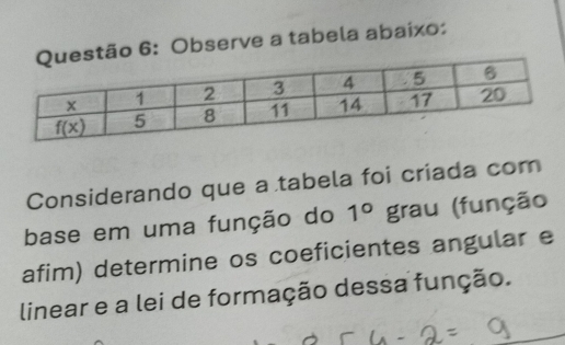 6: Observe a tabela abaixo:
Considerando que a tabela foi criada com
base em uma função do 1° grau (função
afim) determine os coeficientes angular e
linear e a lei de formação dessa função.