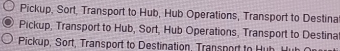 Pickup, Sort, Transport to Hub, Hub Operations, Transport to Destina 
Pickup, Transport to Hub, Sort, Hub Operations, Transport to Destina 
Pickup, Sort, Transport to Destination. Transport to Hub, Huh