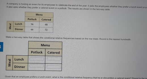 A company is hosting an event for its employees to celebrate the end of the year. It asks the employees whether they prefer a lunch event or a 
It also asks whether they prefer a catered event or a potluck. The results are shown in the two-way table. 
Make a two-way table that shows the conditional relative frequencies based on the row totals. Round to the nearest hundredth. 
Given that an employee prefers a lunch event, what is the conditional relative frequency that he or she prefers a catered event? Round to the m