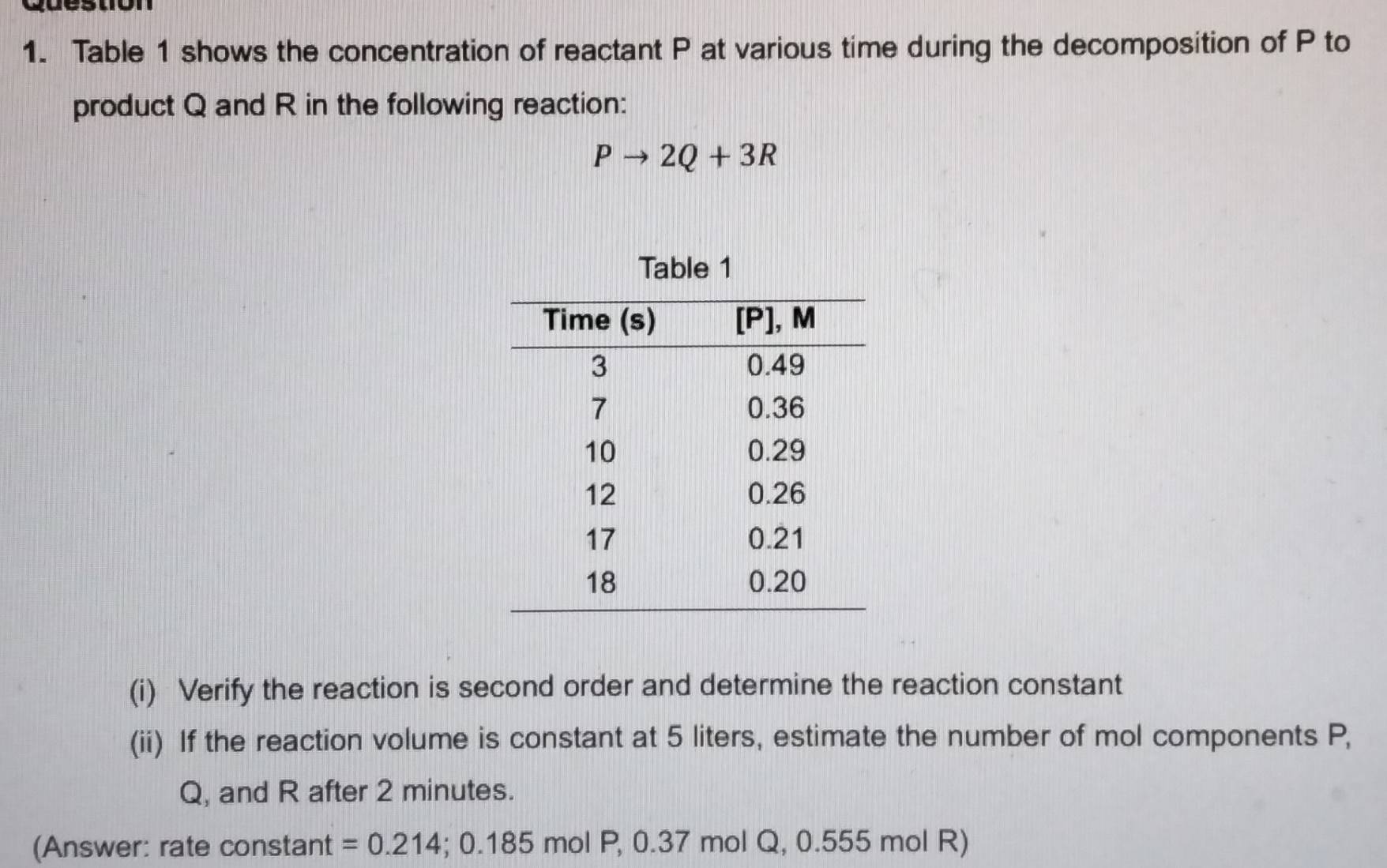 Queston
1. Table 1 shows the concentration of reactant P at various time during the decomposition of P to
product Q and R in the following reaction:
Pto 2Q+3R
(i) Verify the reaction is second order and determine the reaction constant
(ii) If the reaction volume is constant at 5 liters, estimate the number of mol components P,
Q, and R after 2 minutes.
(Answer: rate constant =0.214;0.185molP, 0.37 mol Q, 0.555 mol R)