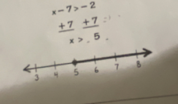 x-7>-2
 (+7)/x beginarrayr +7.endarray  (+7)/5 