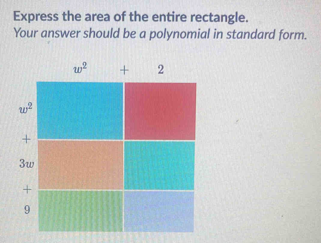 Express the area of the entire rectangle.
Your answer should be a polynomial in standard form.