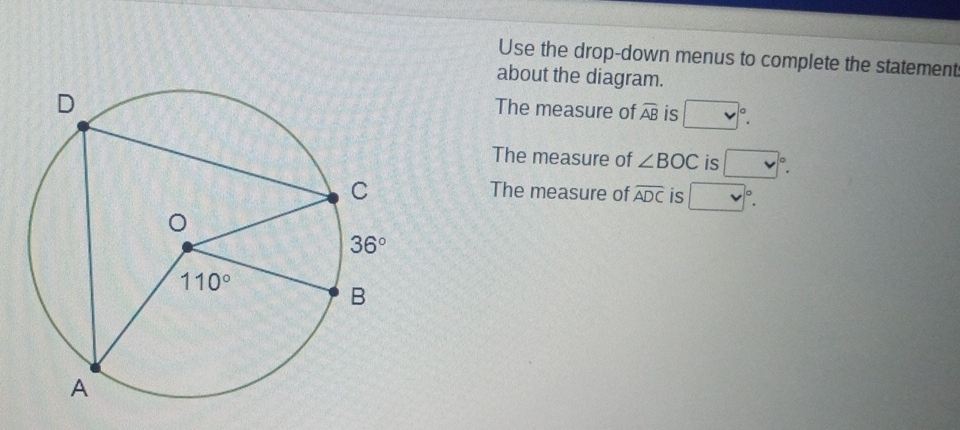 Use the drop-down menus to complete the statement
about the diagram.
The measure of widehat AB is □°.
The measure of ∠ BOC is □°.
The measure of overline ADC is □°.