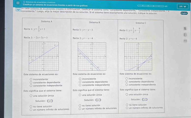 Sistemas de ecuaciones y matrices
Clasificar un sistema de ecuaciones lineales a partir de sus gráficos =□_□_ 0/5 URI V
ra cada sistema de ecuaciones lineales a continuación, clasificar el sistema como "consistente dependiente," ''consistente independiente ,' o
nconsistente." Luego, elija la mejor descripción de su solución. Si el sistema tiene exactamente una solución, indique la solución.
Sistema A Sistema B Sistema C
Recta 1:y= 2/3 x+1 Recta l:y=-x-3 Recta 1:y= 1/2 x- 9/2 
Recta 2: -2x+3y=3 Recta 2: y=-x-4 Recta 2:y=x-6

Este sistema de ecuaciones es: Este sistema de ecuaciones es: Este sistema de ecuaciones es:
inconsistente inconsistente inconsistente
consistente dependiente consistente dependiente consistente dependiente
consistente independiente consistente independiente consistente independiente
Esto significa que el sistema tiene: Esto significa que el sistema tiene: Esto significa que el sistema tiene:
una solución única una solución única una solución única
Solución: €£ Solución: €£ Solución: (
no tiene solución no tiene solución no tiene solución
un número infinito de soluciones un número infinito de soluciones un número infinito de soluciones