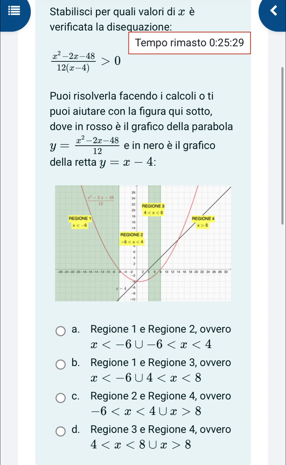 Stabilisci per quali valori di x è
verificata la disequazione:
Tempo rimasto 0:25:29
 (x^2-2x-48)/12(x-4) >0
Puoi risolverla facendo i calcoli o ti
puoi aiutare con la figura qui sotto,
dove in rosso è il grafico della parabola
y= (x^2-2x-48)/12  e in nero è il grafico
della retta y=x-4.
a. Regione 1 e Regione 2, ovvero
x
b. Regione 1 e Regione 3, ovvero
x
c. Regione 2 e Regione 4, ovvero
-6 8
d. Regione 3 e Regione 4, ovvero
4 8