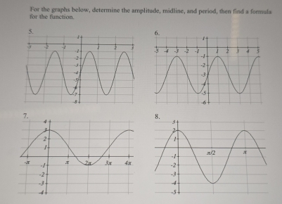 For the graphs below, determine the amplitude, midline, and period, then find a formula 
for the function. 
6.