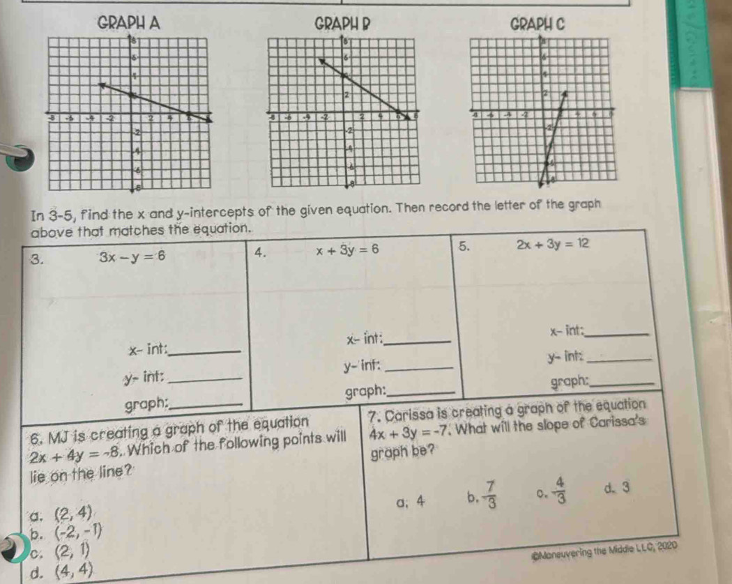 GRAPH A GRAPH B GRAPH C

In 3-5, find the x and y-intercepts of the given equation. Then record the letter of the graph
above that matches the equation.
3. 3x-y=6
4. x+3y=6
5. 2x+3y=12
x - int:_ x - int:_
x - int:_
y - int:_ y -'inf:_
y - int:_
graph: graph:_ graph:_
6. MJ is creating a graph of the equation 7. Carissa is creating a graph of the equation
2x+4y=-8. Which of the following points will 4x+3y=-7. What will the slope of Carissa's
lie on the line? graph be?
a. (2,4) a、 4 b.  7/3   4/3  d. 3
b. (-2,-1)
C. (2,1) *Maneuvering the Middie LLC, 2020
d. (4,4)