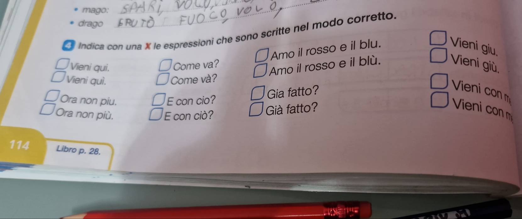 mago: 
_ 
drago 
_ 
Indica con una X le espressioni che sono scritte nel modo corretto. 
Amo il rosso e il blu. Vieni giu. 
Vieni qui. 
Amo il rosso e il blù. 
Come va? Vieni giù. 
Vieni quì. Come và? 
Gia fatto? 
Vieni con m 
Ora non piu. E con cio? 
Ora non più. E con ciò? 
Già fatto? Vieni con m
114 Libro p. 28.