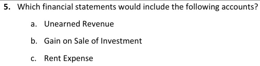 Which financial statements would include the following accounts?
a. Unearned Revenue
b. Gain on Sale of Investment
c. Rent Expense