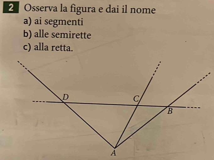 Osserva la figura e dai il nome 
a) ai segmenti 
b) alle semirette 
c) alla retta.