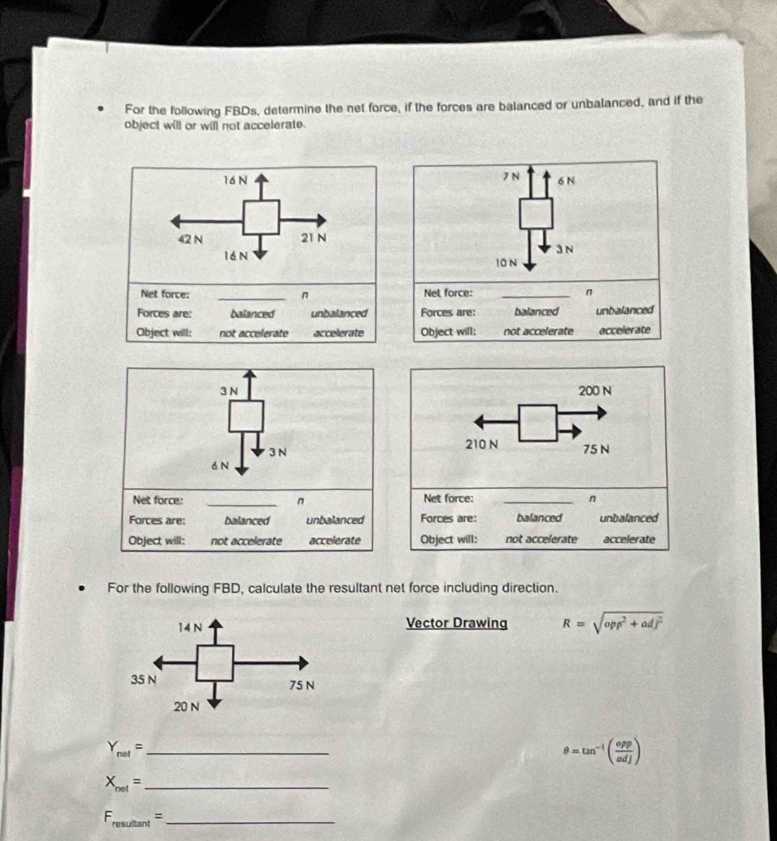 For the following FBDs, determine the net force, if the forces are balanced or unbalanced, and if the 
object will or will not accelerate.
16 N
42 N 21 N
16 N
Net force: _n 
Forces are: balanced unbalanced 
Object will: not accelerate accelerate
200 N
210 N
75 N
Net force: _ n
Forces are: balanced unbalanced 
Object will: not accelerate accelerate 
For the following FBD, calculate the resultant net force including direction. 
Vector Drawing R=sqrt(opp^2+adj^2)
_ Y_nel=
θ =tan^(-1)( opp/adj )
_ X_net=
_ F_rosultan t=