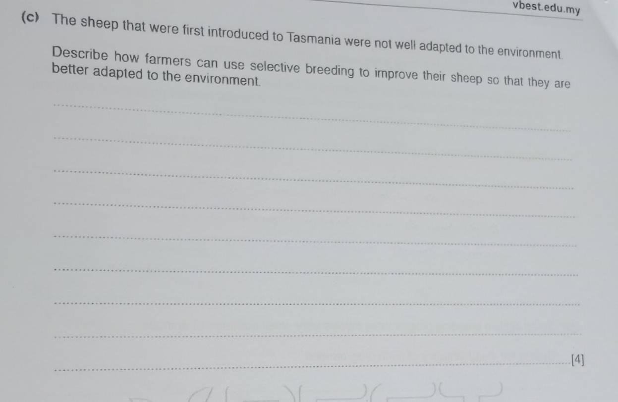 vbest.edu.my 
(c) The sheep that were first introduced to Tasmania were not well adapted to the environment. 
Describe how farmers can use selective breeding to improve their sheep so that they are 
better adapted to the environment. 
_ 
_ 
_ 
_ 
_ 
_ 
_ 
_ 
_.[4] 
) ( 
_