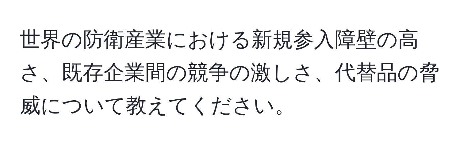 世界の防衛産業における新規参入障壁の高さ、既存企業間の競争の激しさ、代替品の脅威について教えてください。