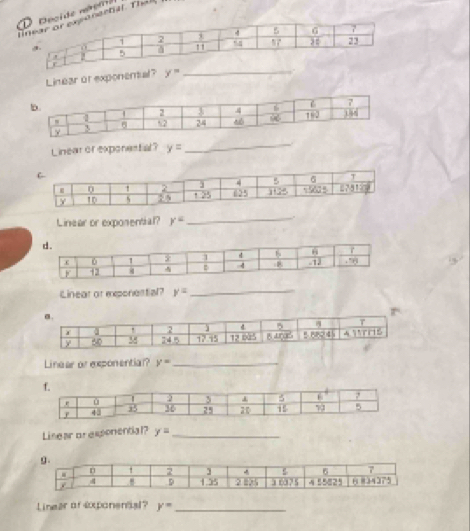 ide naemneenal. Thall, 
Linear or exponental? y=
_ 
Linear of exponastial? y=
_ 
Linear or exponential? y=
_. 
Linear or eponestial? y=
_ 
Linear or exponential? y= _ 
Linear or esponential? y= _ 
Linear of exponenal? y= _