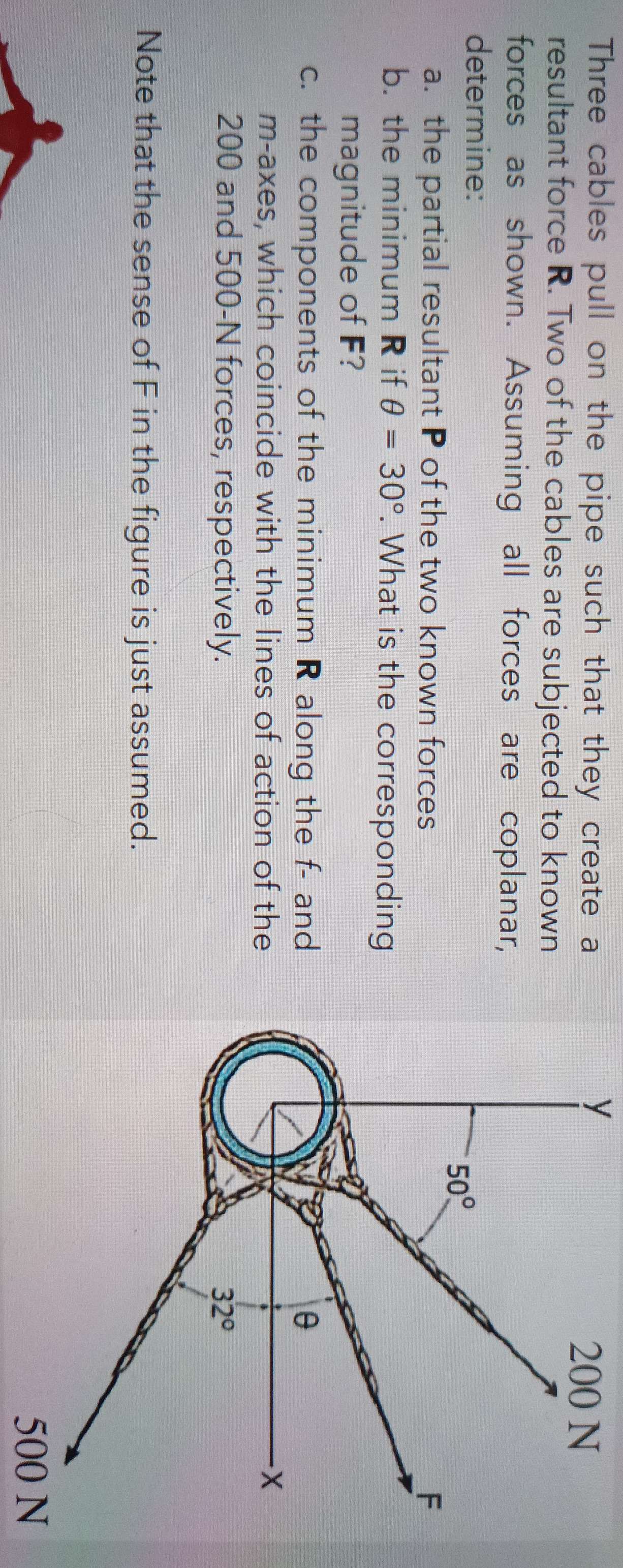 Three cables pull on the pipe such that they create a
y
resultant force R. Two of the cables are subjected to known
forces as shown. Assuming all forces are coplanar,
determine:
a. the partial resultant P of the two known forces
b. the minimum R if θ =30°. What is the corresponding
magnitude of F?
c. the components of the minimum R along the f- and
m-axes, which coincide with the lines of action of the
200 and 500-N forces, respectively. 
Note that the sense of F in the figure is just assumed.
500 N