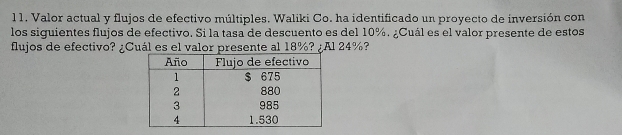 l1. Valor actual y flujos de efectivo múltiples. Waliki Co. ha identificado un proyecto de inversión con 
los siguientes flujos de efectivo. Si la tasa de descuento es del 10%. ¿Cuál es el valor presente de estos 
flujos de efectivo? ¿Cuál es el valor presente al 18%? ¿Al 24%?