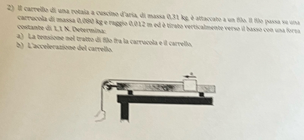 Il carrello di una rotaia a cuscino d'aria, di massa 0,31 kg, è attaccato a un filo. Il filo passa su una 
carrucola di massa 0,080 kg e raggio 0,012 m ed è tirato verticalmente verso il basso con una forza 
costante di 1,1 N. Determina: 
a) La tensione nel tratto dí filo fra la carrucola e il carrello, 
b) L'accelerazione del carrello.