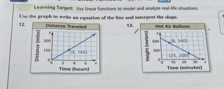 Learning Target: Use linear functions to model and analyze real-life situations.
Use the graph to write an equation of the line and interpret the slope.
12. Distance Traveled 13. Hot Air Balloon
y
600 (8,540)
g
300
(25,200)
10 20 30 x
Time (hours) Time (minutes)