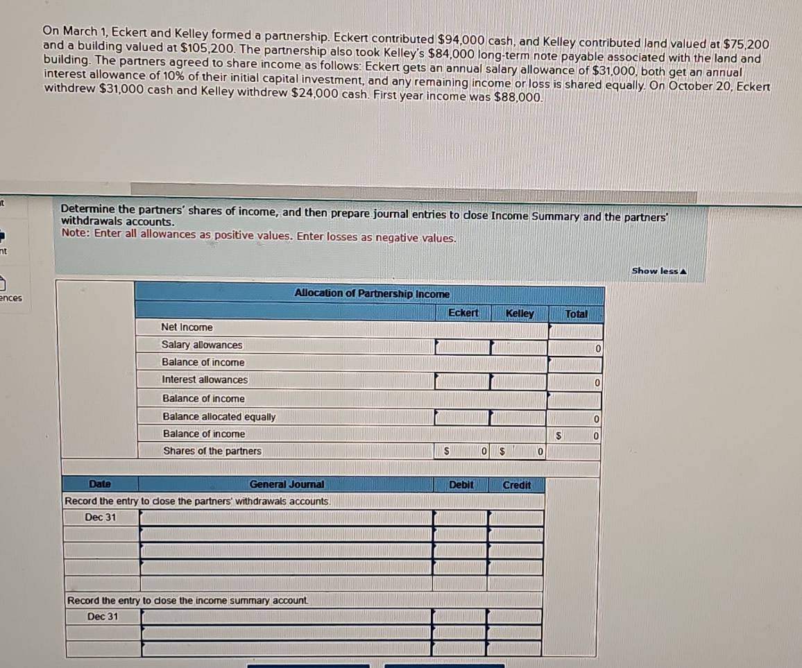 On March 1, Eckert and Kelley formed a partnership. Eckert contributed $94,000 cash, and Kelley contributed land valued at $75,200
and a building valued at $105,200. The partnership also took Kelley's $84,000 long-term note payable associated with the land and 
building. The partners agreed to share income as follows: Eckert gets an annual salary allowance of $31,000, both get an annual 
interest allowance of 10% of their initial capital investment, and any remaining income or loss is shared equally. On October 20, Eckert 
withdrew $31,000 cash and Kelley withdrew $24,000 cash. First year income was $88,000. 
Determine the partners’ shares of income, and then prepare journal entries to close Income Summary and the partners' 
withdrawals accounts. 
Note: Enter all allowances as positive values. Enter losses as negative values. 
Show less▲ 
ences