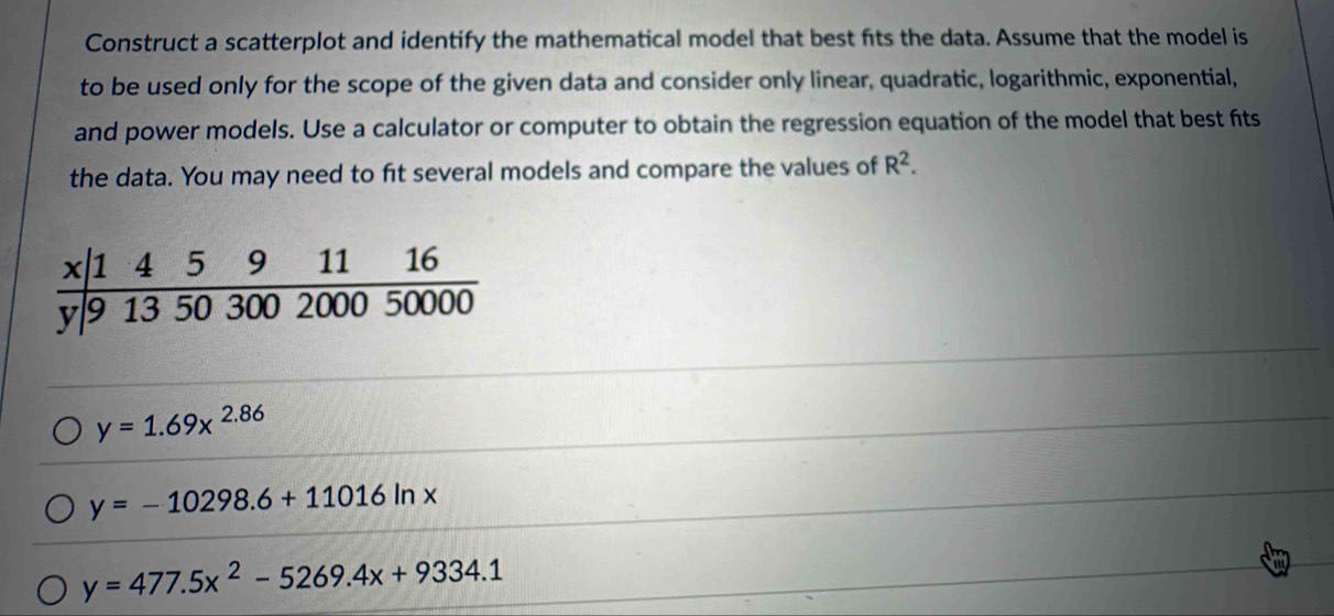 Construct a scatterplot and identify the mathematical model that best fits the data. Assume that the model is 
to be used only for the scope of the given data and consider only linear, quadratic, logarithmic, exponential, 
and power models. Use a calculator or computer to obtain the regression equation of the model that best fits 
the data. You may need to fit several models and compare the values of R^2.
y=1.69x^(2.86)
y=-10298.6+11016ln x
y=477.5x^2-5269.4x+9334.1