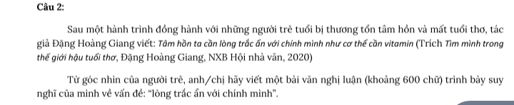 Sau một hành trình đồng hành với những người trẻ tuổi bị thương tổn tâm hồn và mất tuổi thơ, tác 
giả Đặng Hoàng Giang viết: Tâm hồn ta cần lòng trắc ẩn với chính mình như cơ thể cần vitamin (Trích Tìm mình trong 
thế giới hậu tuổi thơ, Đặng Hoàng Giang, NXB Hội nhà văn, 2020) 
Từ góc nhìn của người trẻ, anh/chị hãy viết một bài văn nghị luận (khoảng 600 chữ) trình bày suy 
nghĩ của mình về vấn đề: “lòng trắc ẩn với chính mình”.